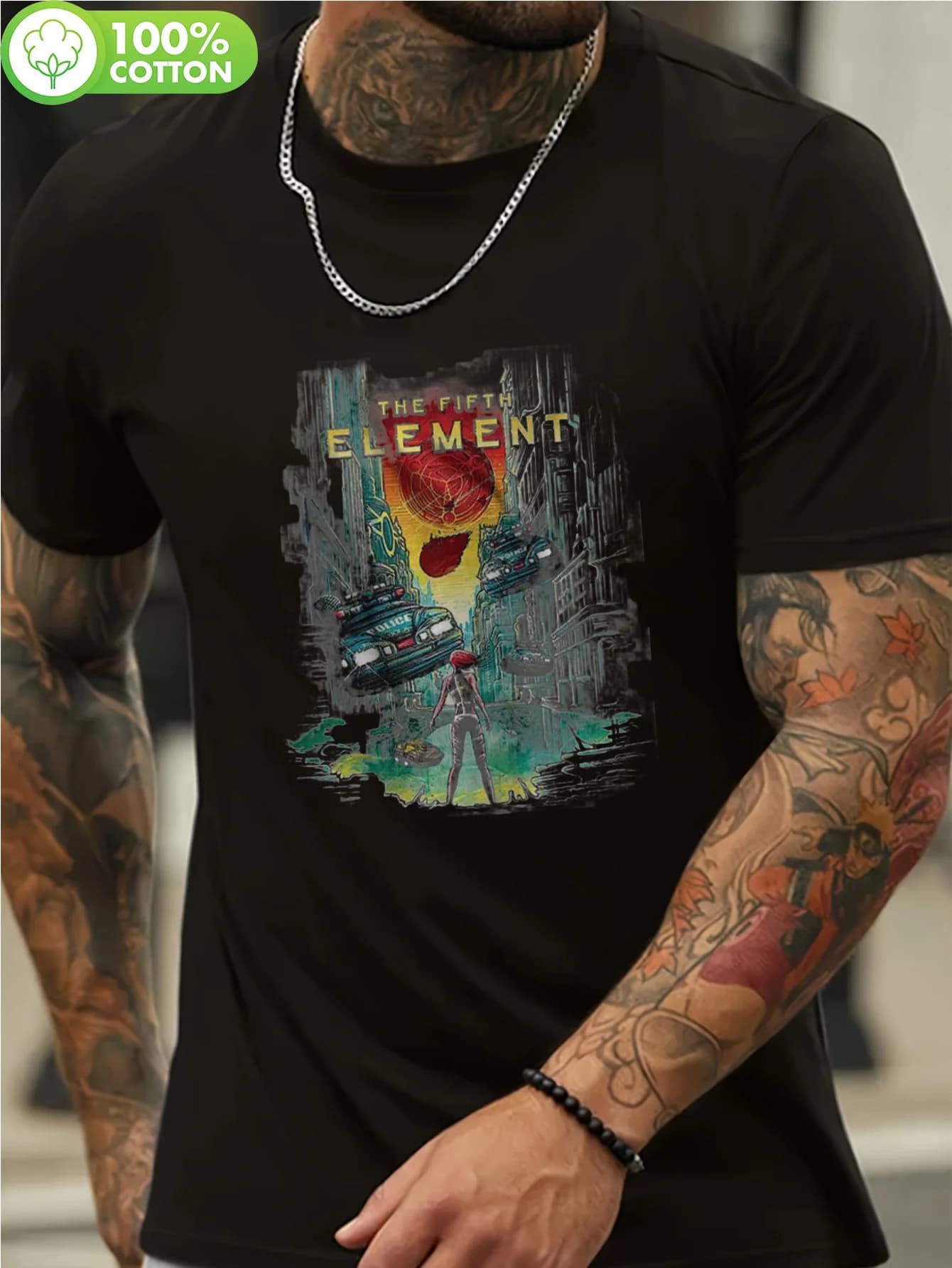 The Fifth Element Movie Men's Graphic T-Shirt - 100% Cotton Short Sleeve Crew Neck Casual Tee with Leeloo & NYC Skyline Design - Machine Washable Black & White Sizes S-XXL - Perfect Christmas Gift for Sci-Fi Fans, Everyday Comfort Durable Print, Movi