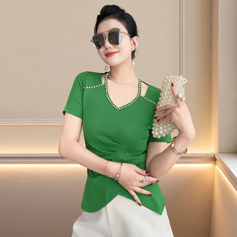 Slimming Effect Summer New Women's Fashion Shoulder Bared Design Short Sleeve V-Neck Body Shaping Base Shirt T-Shirt
