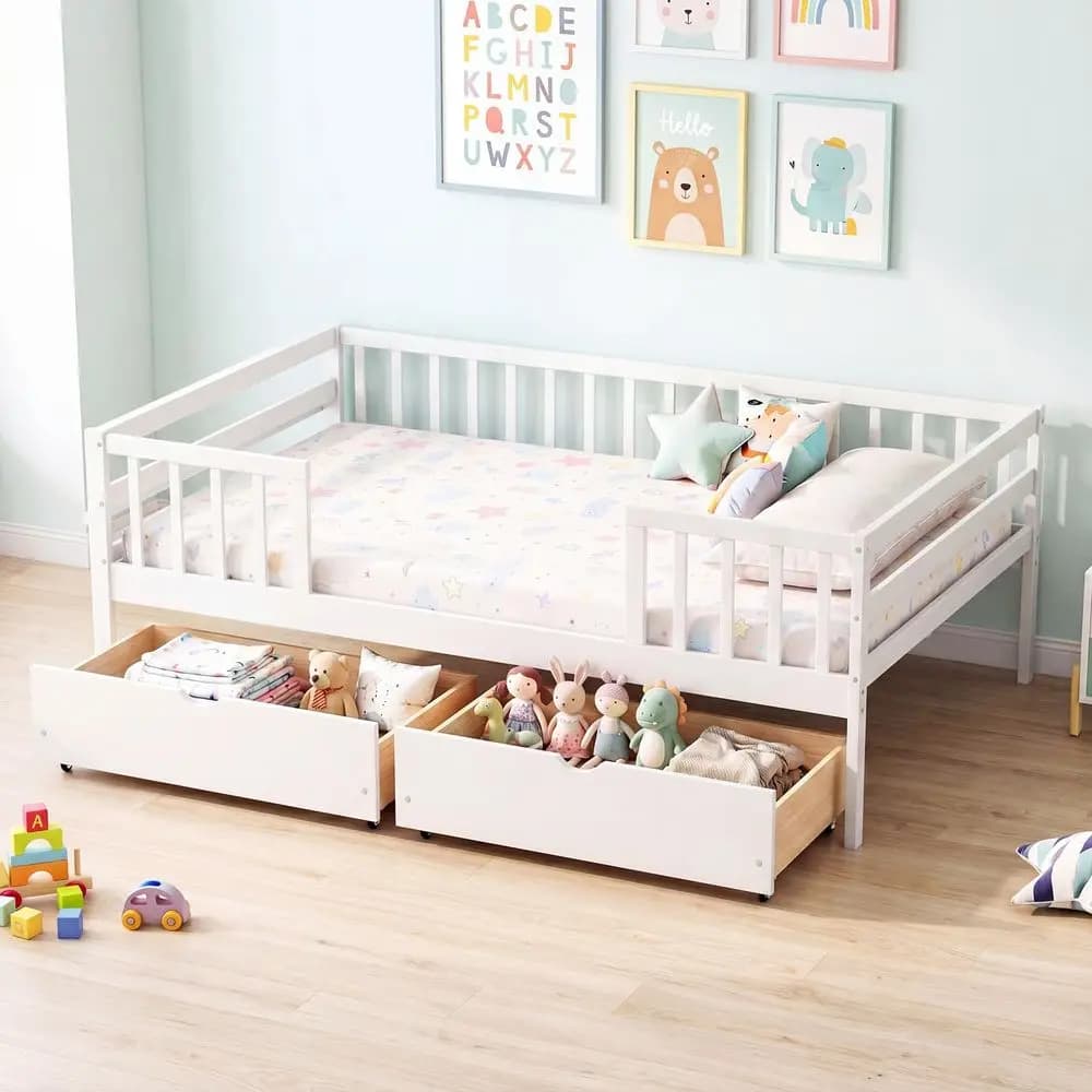 Letto completo per bambini con cassetti contenitori, letto Montessori in legno con sponde e mensola laterale, struttura letto bassa per ragazzi e ragazze, senza box