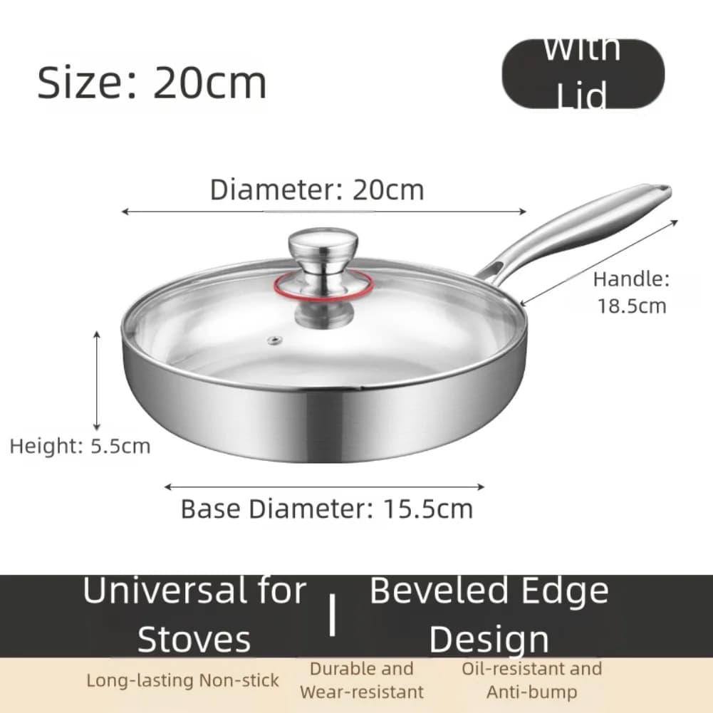 Stainless steel pan compatible with induction cover Three-layer base and heat-resistant handle for efficient kitchen
