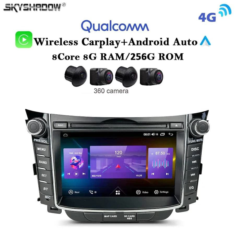 12G + 256G Carplay Auto Android 13.0 4G LTE 8Core IPS Lettore DVD per auto Mappa GPS WIFI Bluetooth RDS Radio per Hyundai I30 2012-2018