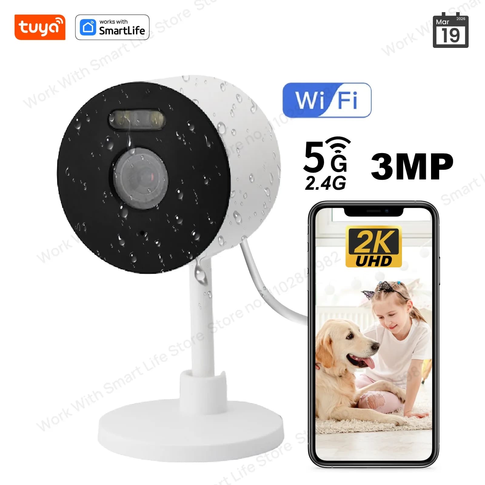 Telecamera di Sicurezza HD 3MP Tuya Smart per Interni/Esterni, Telecamera per Bambini/Anziani/Animali Domestici con App per Smartphone, Visione Notturna a Colori e Audio Bidirezionale
