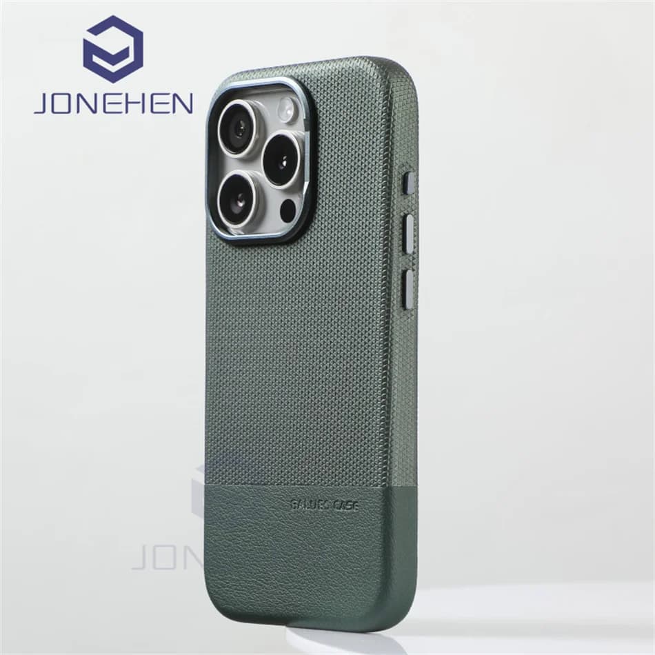 Custodia per lenti in lega ibrida in tessuto di fibra di pelle con giunture creative di lusso per iPhone 15 14 13 16 17 Pro Max Cover posteriore antiurto