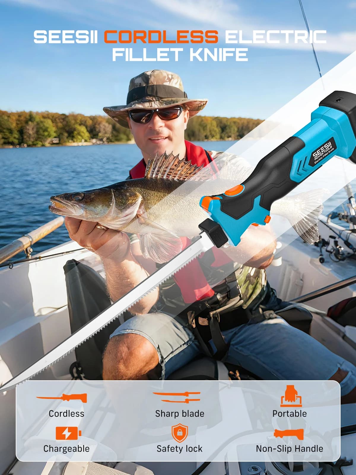Seesii Electric Fillet Knife Set Cordless Rechargaable Fish Knife Lithium Battery Cutter Bread Beef Knives Kitchen Cooking Tools with 2*2.0Ah Batteries for Fishing Filleting