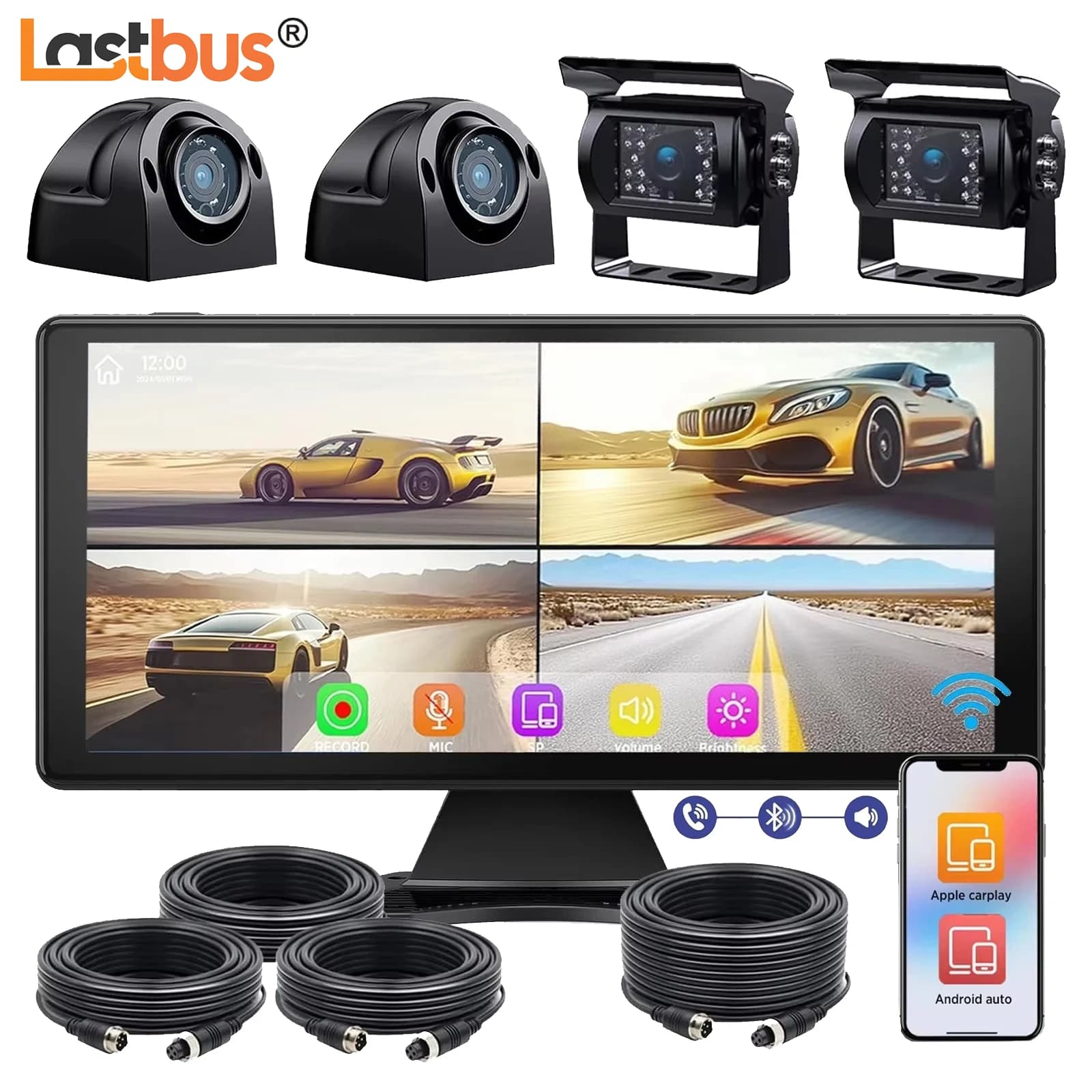 Monitor Wireless Apple CarPlay Lastbus da 10.36 pollici con schermo touch 4K e kit telecamera posteriore impermeabile per camper e camion