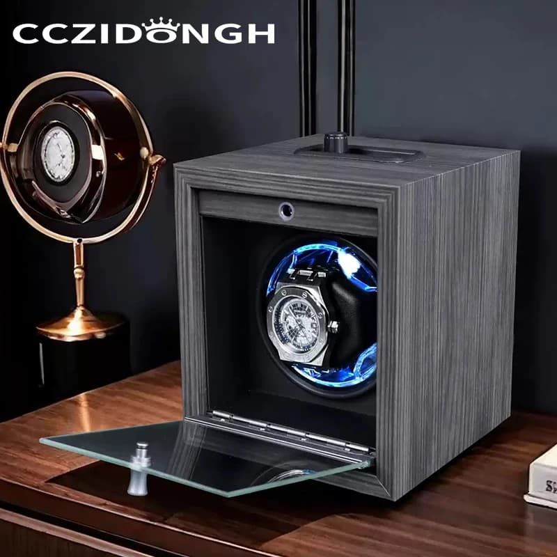 Avvolgitore Automatico per Orologi 1+0 con Coperchio in Vetro, Rotatore per Orologi Meccanici, Scatola in Legno, Armadietto Avvolgitore, Contenitore per Catene di Orologi