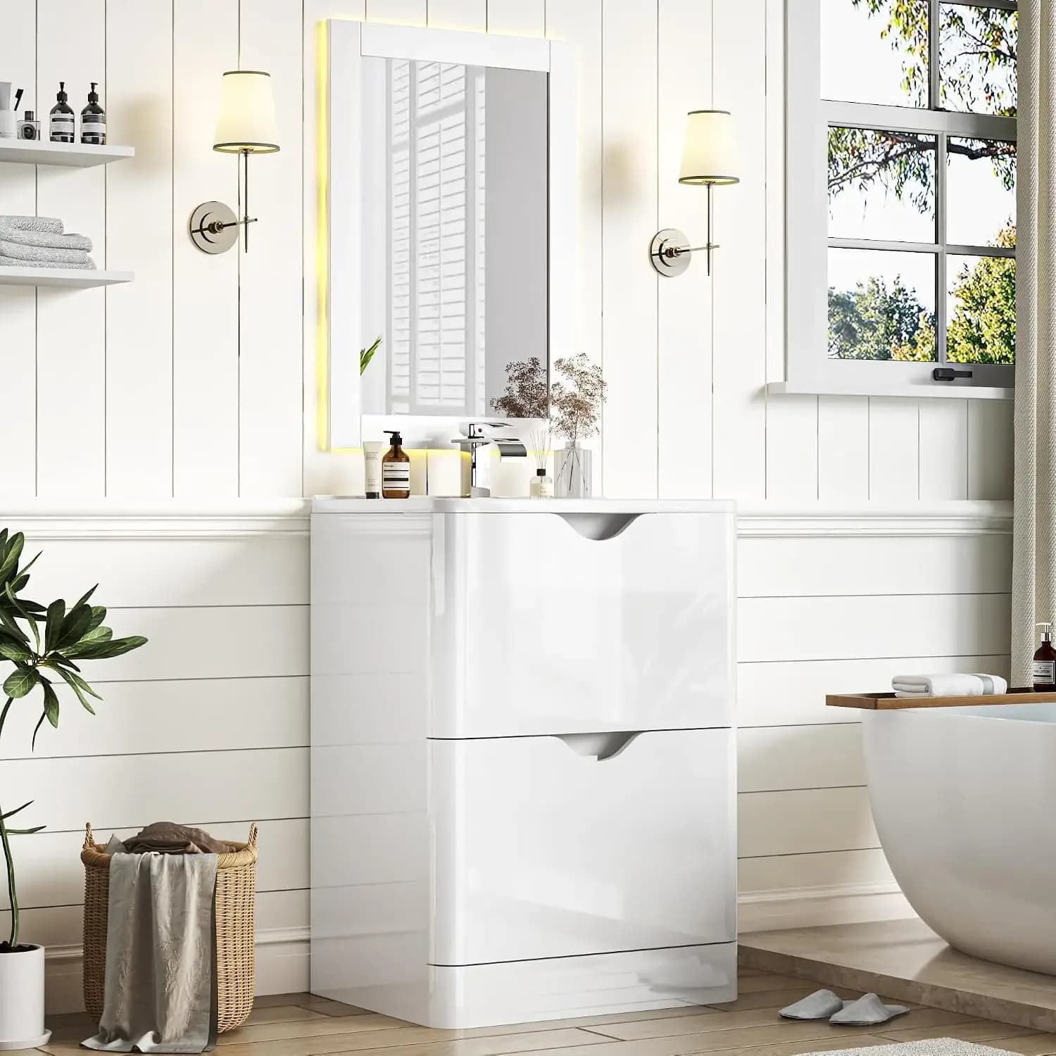 24" Modern High Gloss Bathroom Vanity with Sink Combo,Mirror, Faucet Set, Freestanding Bath Vanities Sink Cabinet w/2 Drawers,In