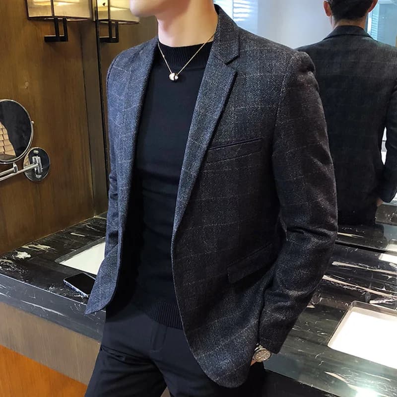 KIDWHXR Blazer da Uomo Stile Britannico a Quadri Monopetto, Giacca Maschile con Colletto Rovesciato, Slim Fit, Versatile per Business
