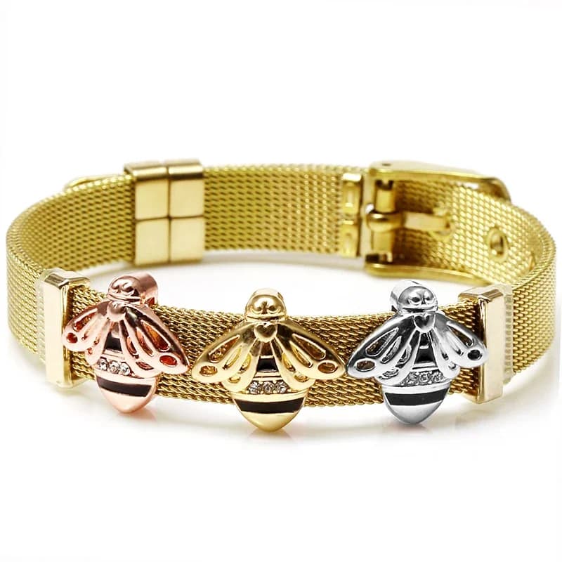 Stainless Steel Mesh Queen Bee Charm Watch Belt Bracelets For Women Men Gold Color Insect Beads Bangle