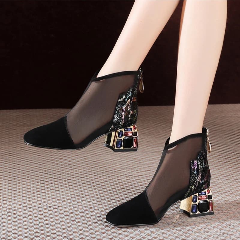 Stivali da donna estivi Stivaletti casual con strass di lusso Stivali freddi in rete per donna Sandali con tacco spesso Sandali sexy con punta a punta