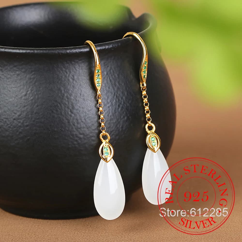 Gioielli in argento sterling 925, orecchini a goccia con giada naturale e cristallo, per donne, gioielli da cerimonia, regalo per amiche.