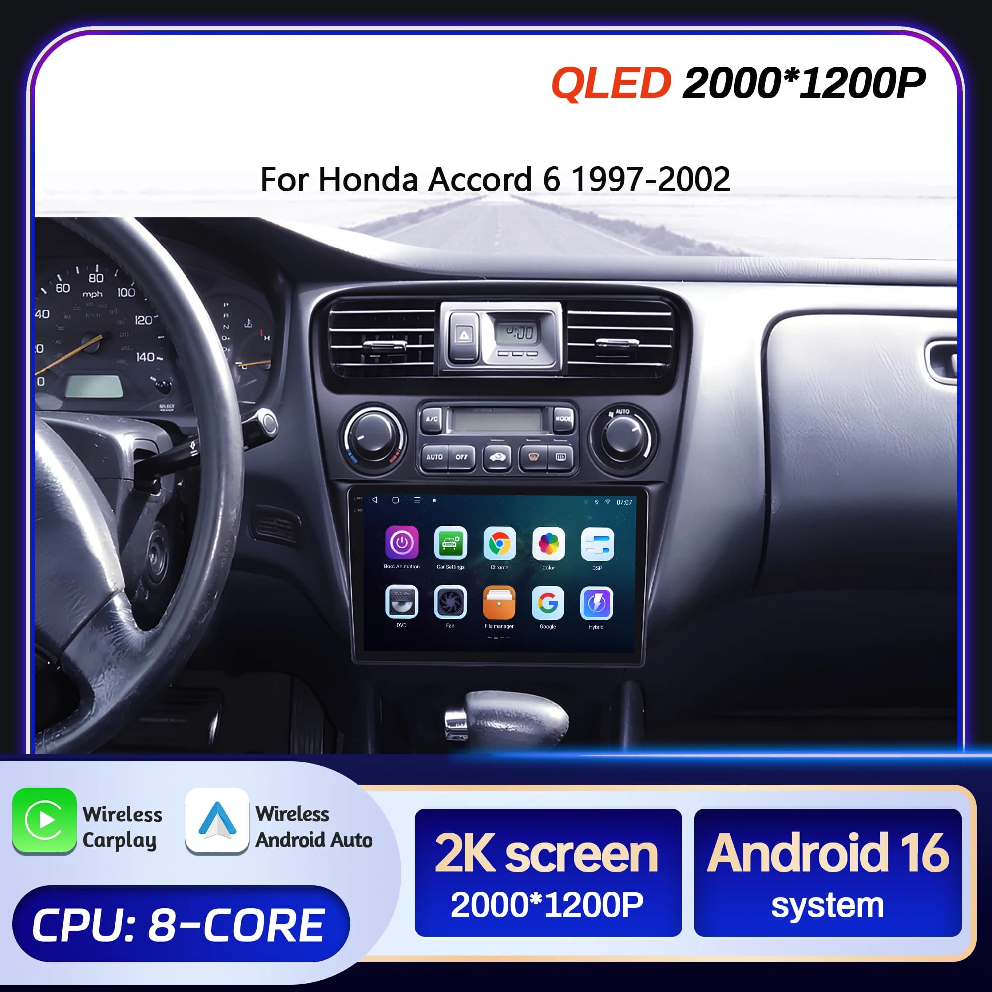 Autoradio da 9 "per Honda Accord 6 1997-2002 BT Carplay Android 16 Unità principale di navigazione multimediale Schermo QLED 2K