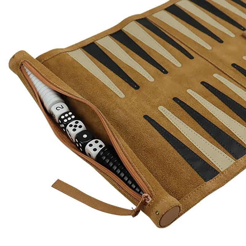 Royi Store Backgammon Chess Portable Set, Rollable Velvet Leather Case, Including Black and White Chess Board Games Outdoor
