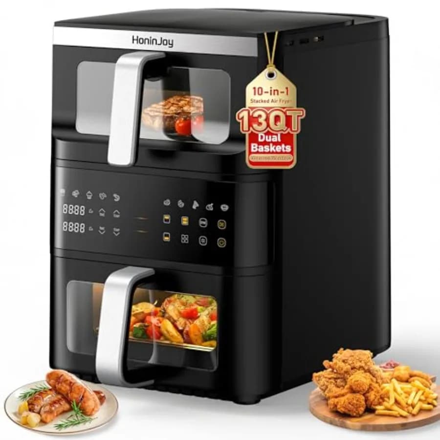 Friggitrice ad Aria Verticale Compatta da 13QT con Doppio Cestello, Finestra di Visualizzazione, Luce Indipendente e 10 Programmi Preimpostati per la Casa e la Famiglia