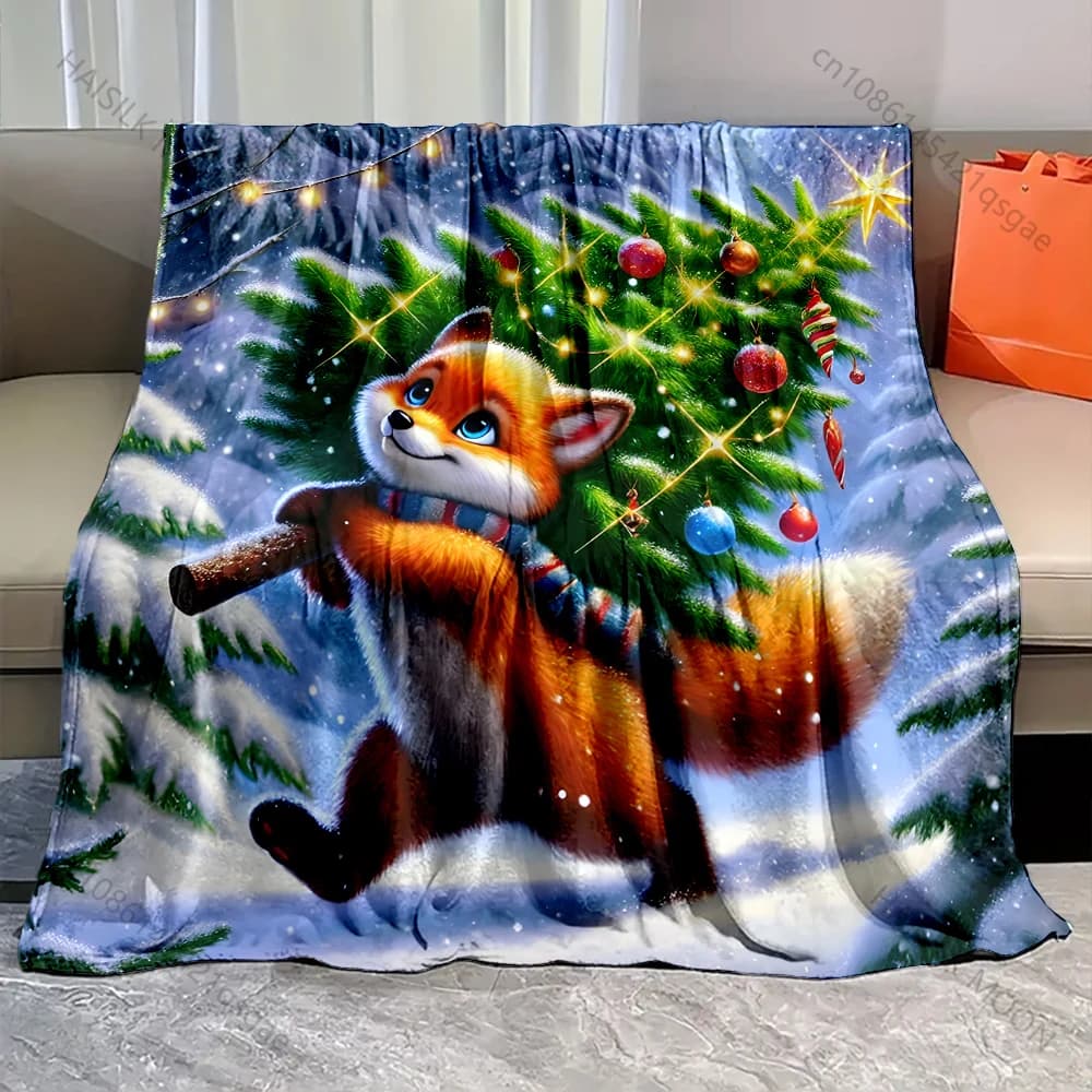 Coperta in flanella con motivo a volpe festiva e albero di Natale, morbida e calda per tutte le stagioni, per casa, campeggio all'aperto, picnic, camper