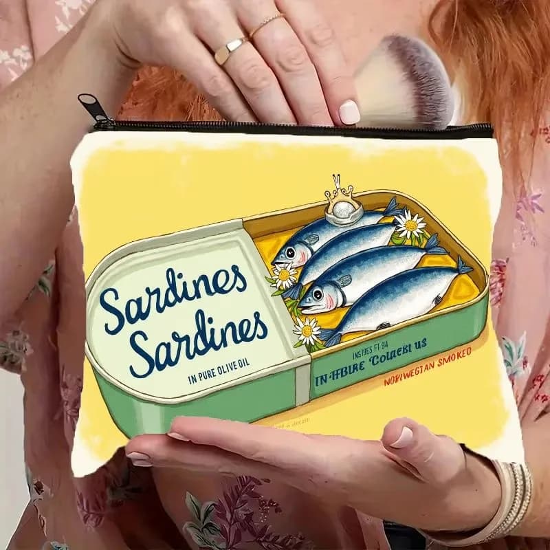 Vintage Sardine Can Printed Cosmetic Bag Cute Fish Shaped Design Cosmetic Bag Travel Wash and Gargle Storage Bag and Pencil Case