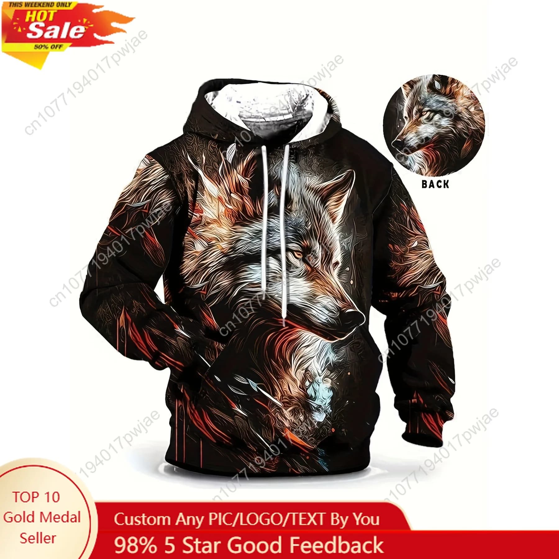 Men's strong hoodie with digital print Vibrant Wolf Face - Polyester sports sweatshirt, washing machine, adjustable coulisse