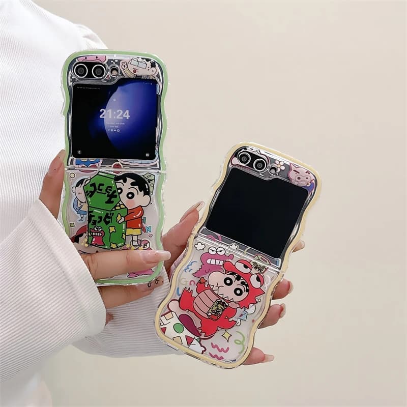 Cute Cartoon Japan Anime Crayon Shin chan Stand Holder Phone Case For Samsung Galaxy Z Flip 7 6 5 4 3 Soft Cover With Lanyard