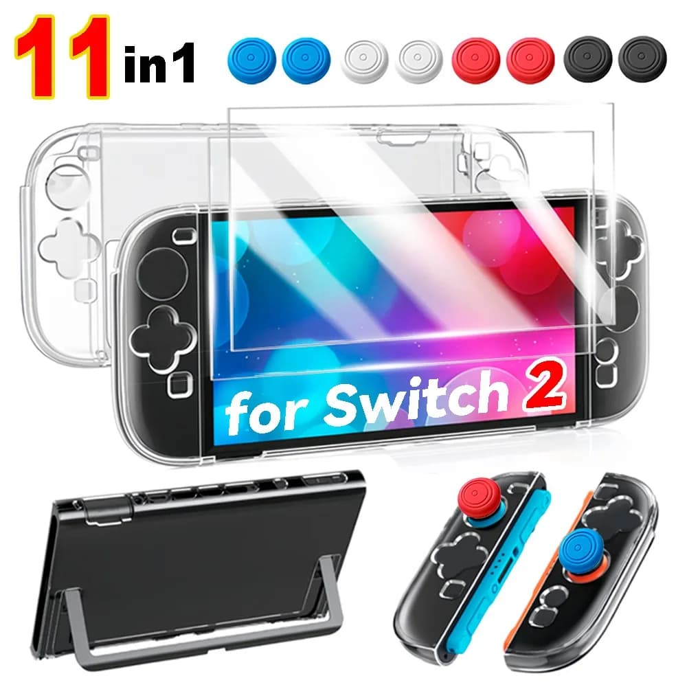 Custodia trasparente per Nintend Switch 2 Console di gioco Protezione schermo in vetro antigraffio HD per Switch 2 Cappucci con impugnatura in silicone