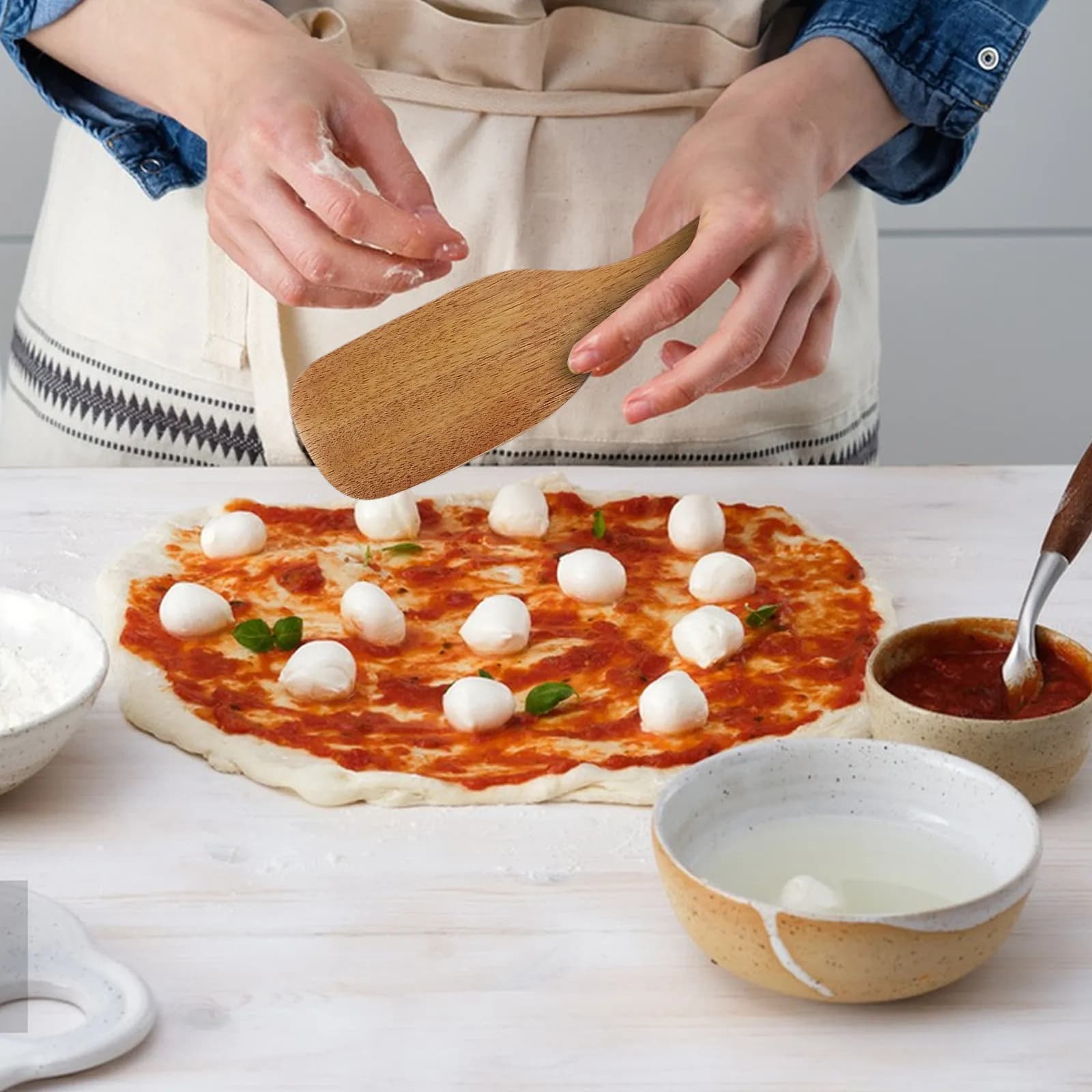 Set di 5 Spatole in Legno Naturale per Pizza, Paletta con Manico Lungo, Raschietto Piatto, Utensili da Cucina e Pasticceria