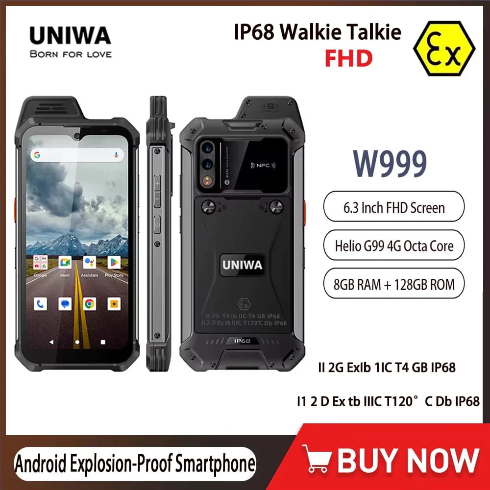 UNIWA W999 Rugged SmartPhone IP68 EX-Atex Explosion-proof Mobile Phone 8GB+128GB 6.3" Helio G99 FHD Phone 4400mAh Andriod 13 NFC