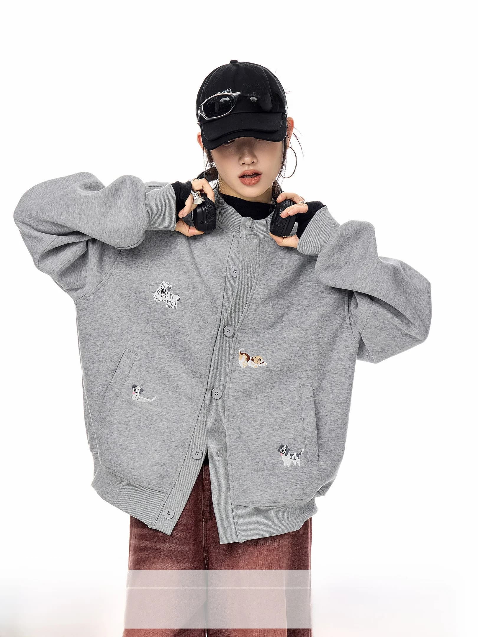 Ich Mode American Retro Dog Embroidery Baseball Collar Jacket Women's Autumn Winter Sweatshirt Open Cardigan Top Short Outerwear