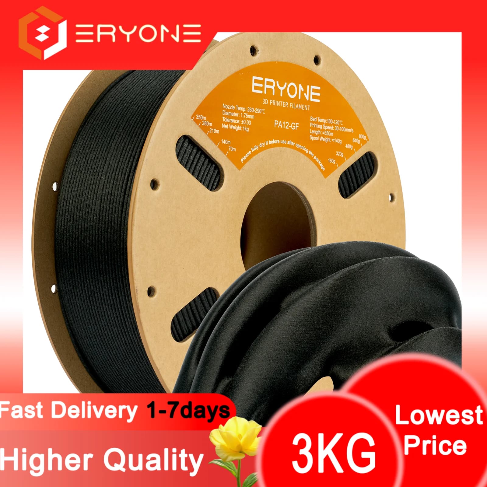Carbon Fiber PA6 PA12 Nylon ERYONE, 3D Printer Filament PA12-CF PA6-CF, 1.75mm +/- 0.03mm, Compatible with Most FDM Printers