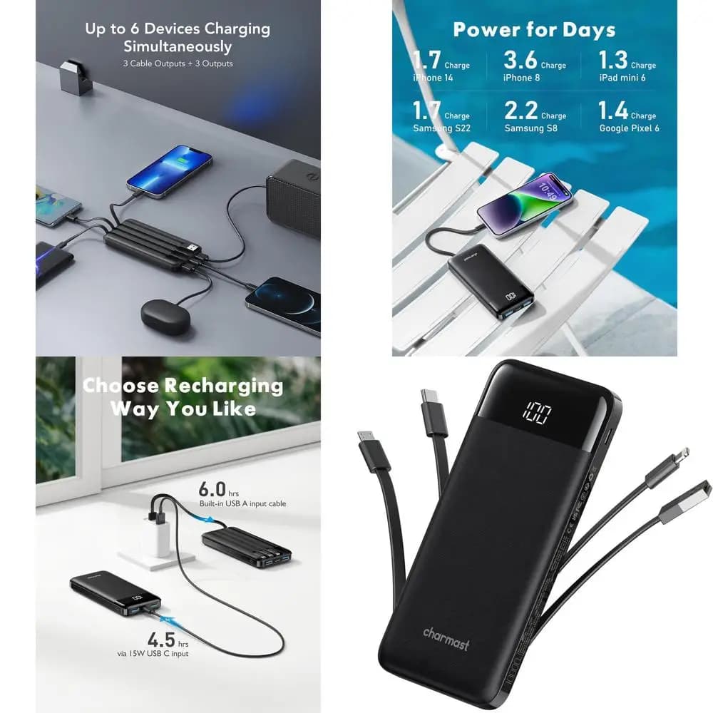 Caricabatterie Portatile Sottile da 10000mAh con Cavi Integrati, 6 Uscite, 3 Ingressi, Ricarica Rapida per Smartphone e Tablet