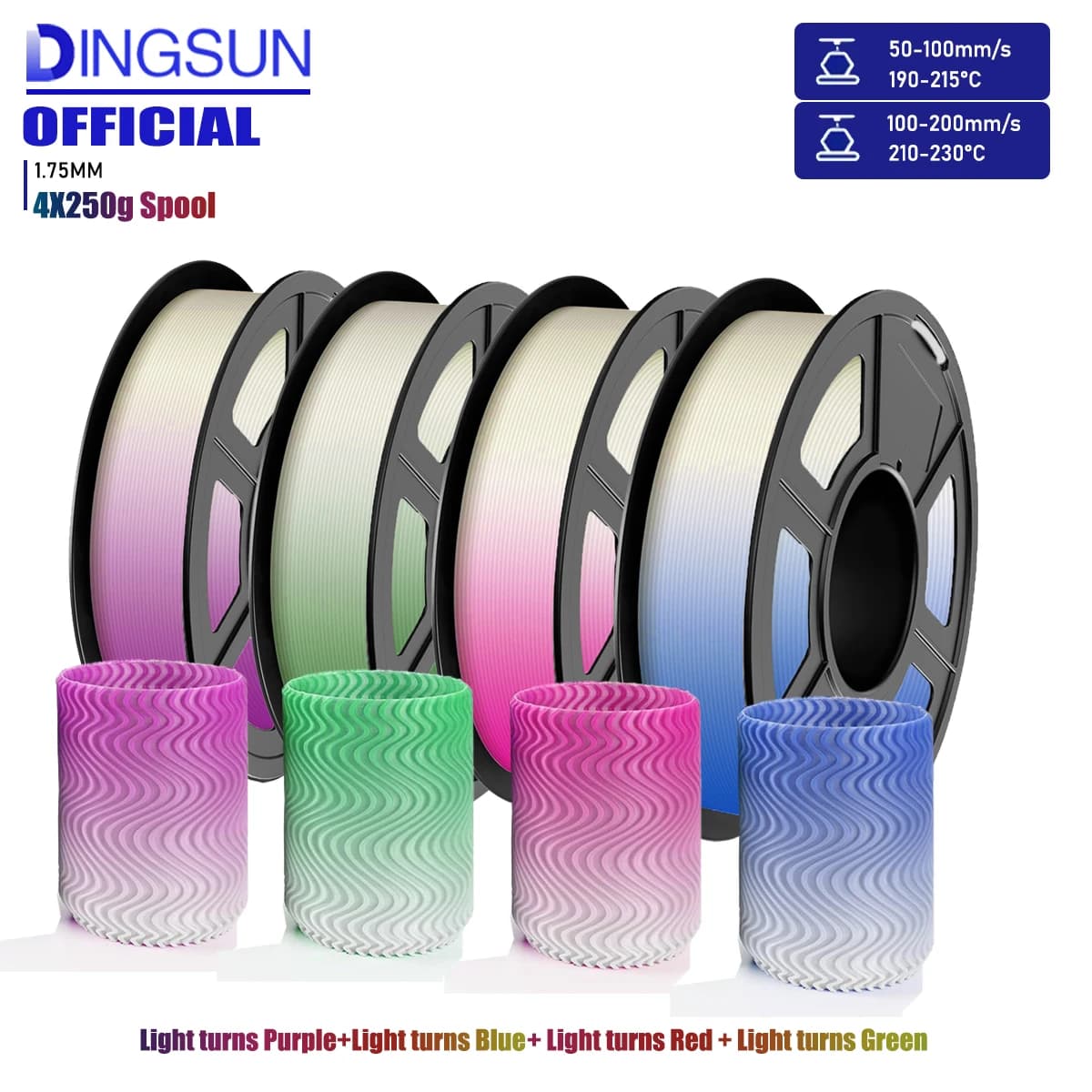 Filamento PLA+ per Stampante 3D da 1,75mm, Cambio Colore con Luce UV/Solare, Precisione Dimensionale ±0,03mm, Bobina da 250g