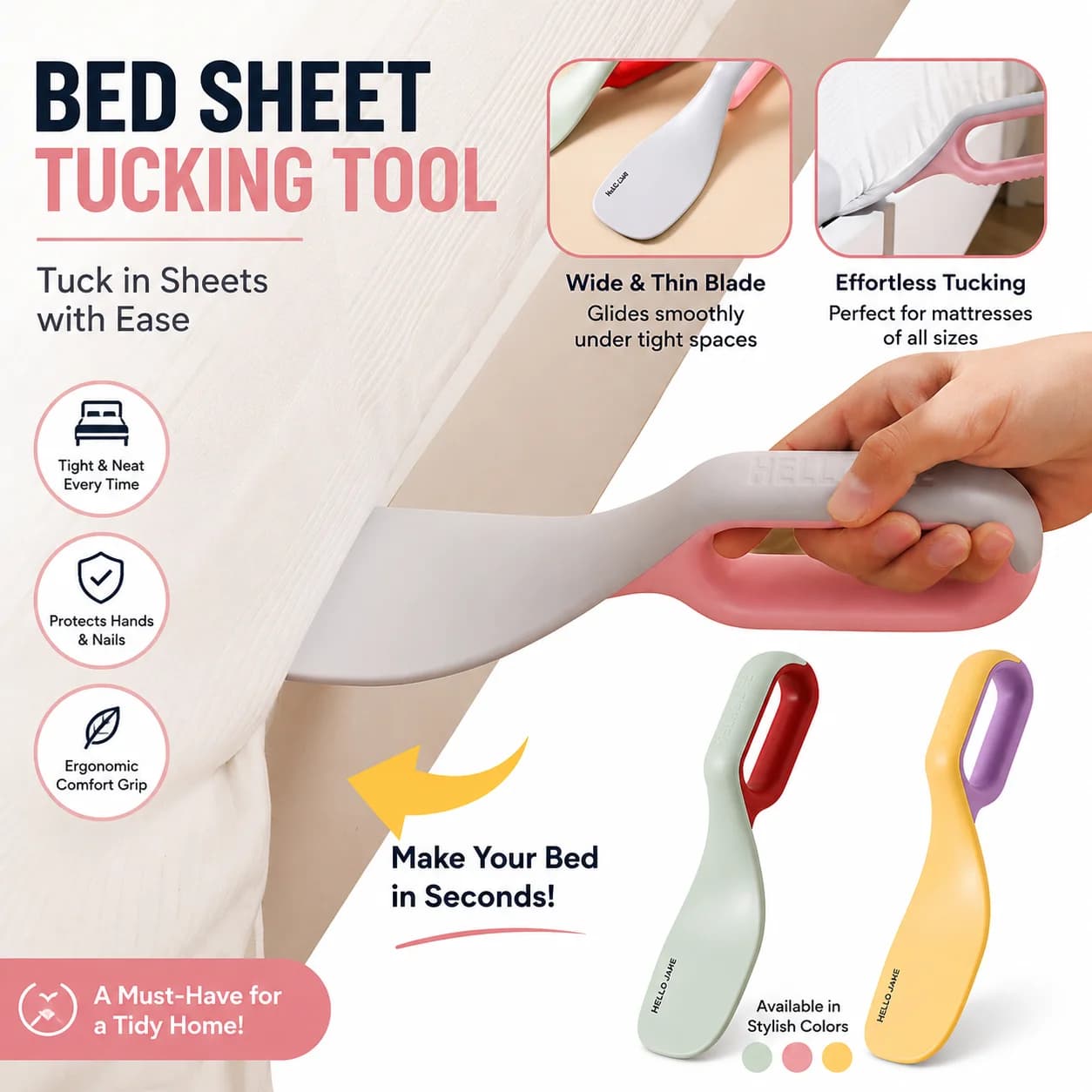 Sollevatore per Materasso e Strumento per Arricciare le Lenzuola 3-in-1 - Dispositivo Ergonomico per Fare il Letto con Rimuovi-Pelucchi per una Facile Pulizia del Letto
