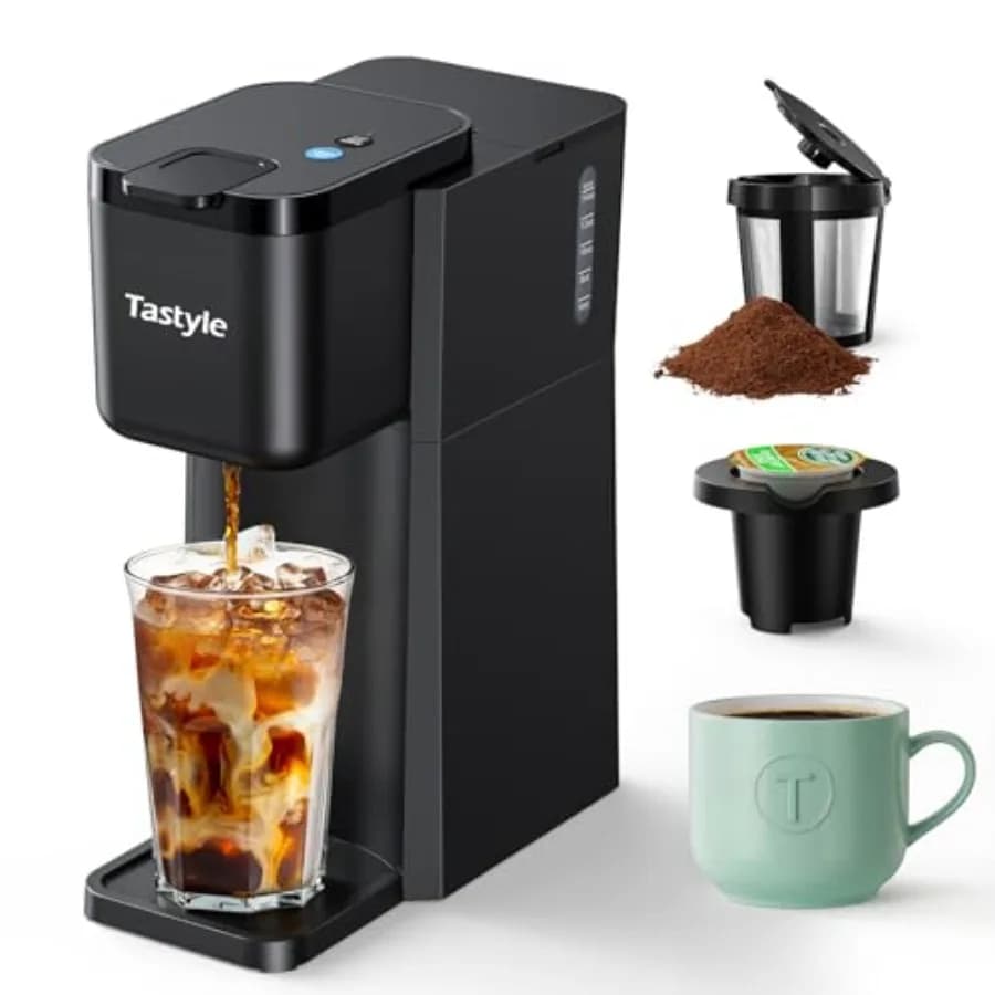 Mini Hot and Iced Coffee Maker Single Serve, for K Cup and Ground, 6 to 14 Oz Brew Sizes, with Recipe Book, for Home, Travel, R