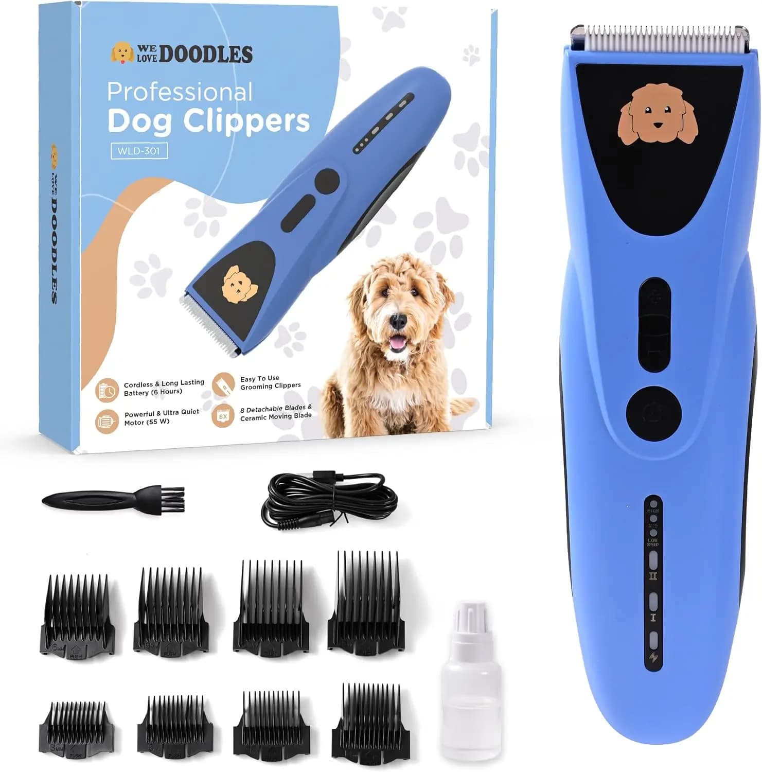Potente Tosatrice per Cani Ultra Silenziosa per Peli Spessi - Trimmer per Toelettatura Animali Senza Fili con 8 Lame, Facile da Usare
