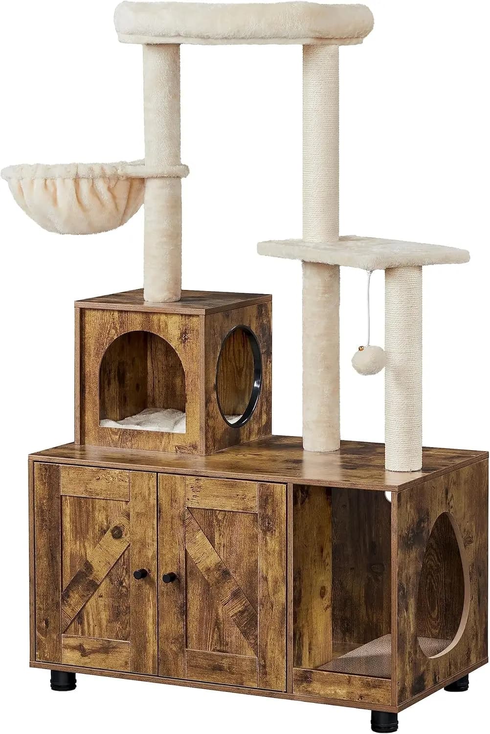 Lettiera per Gatti Tutto-in-Uno con Tiragraffi, Posti per Tirare e Arredamento in Legno, Marrone Rustico/Beige