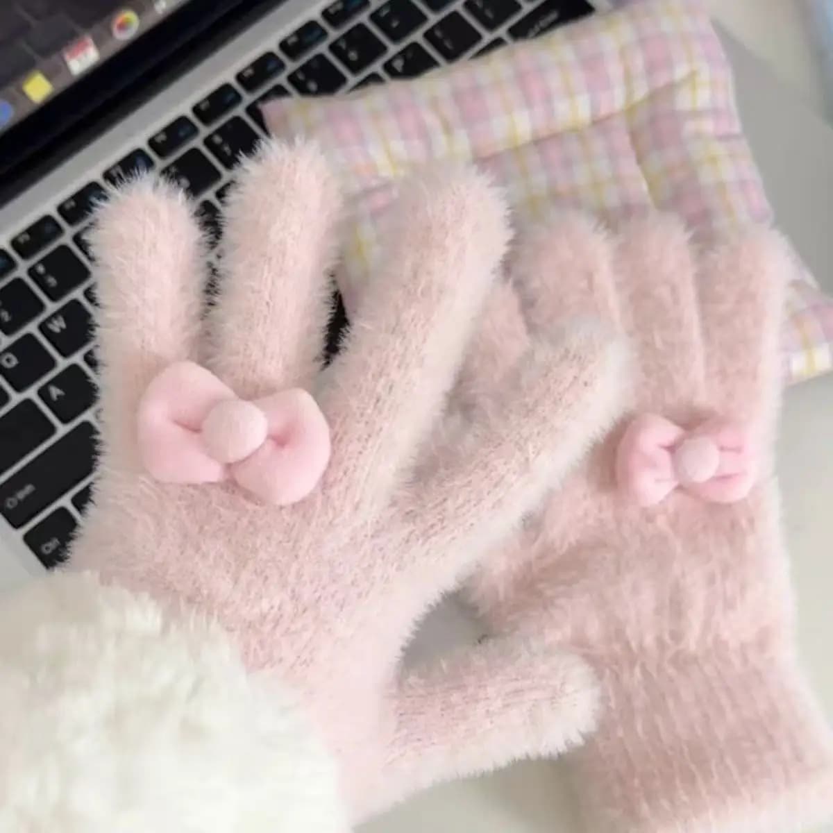 Knitted gloves with butterfly knot for women in winter, warm antifreeze cycling gloves