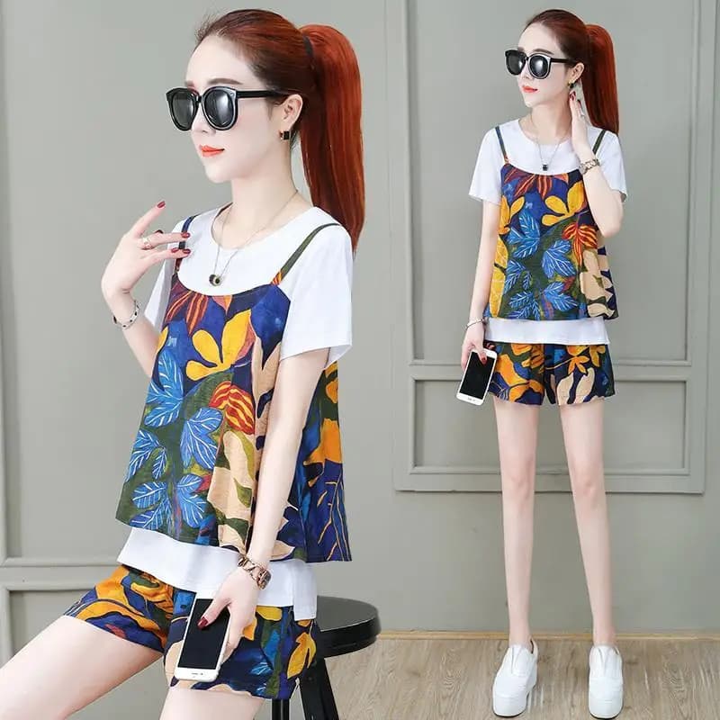 Summer Casual Fashion Print Short Sleeve Shorts Set Women Loose Comfortable Sports Wear Fake Two-Piece Outerwear Two-Piece Set