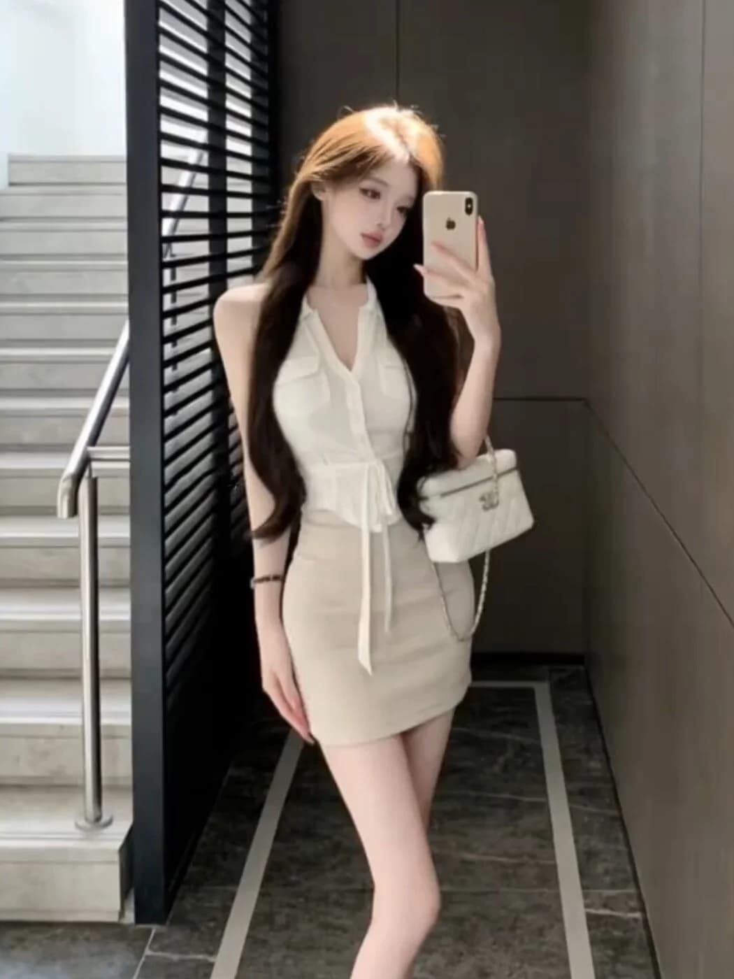 Elegante Completo Estivo da Donna con Dettaglio a Fascia sul Colletto, Senza Maniche, Gonna a Vita Alta, Traspirante e alla Moda, Set Due Pezzi