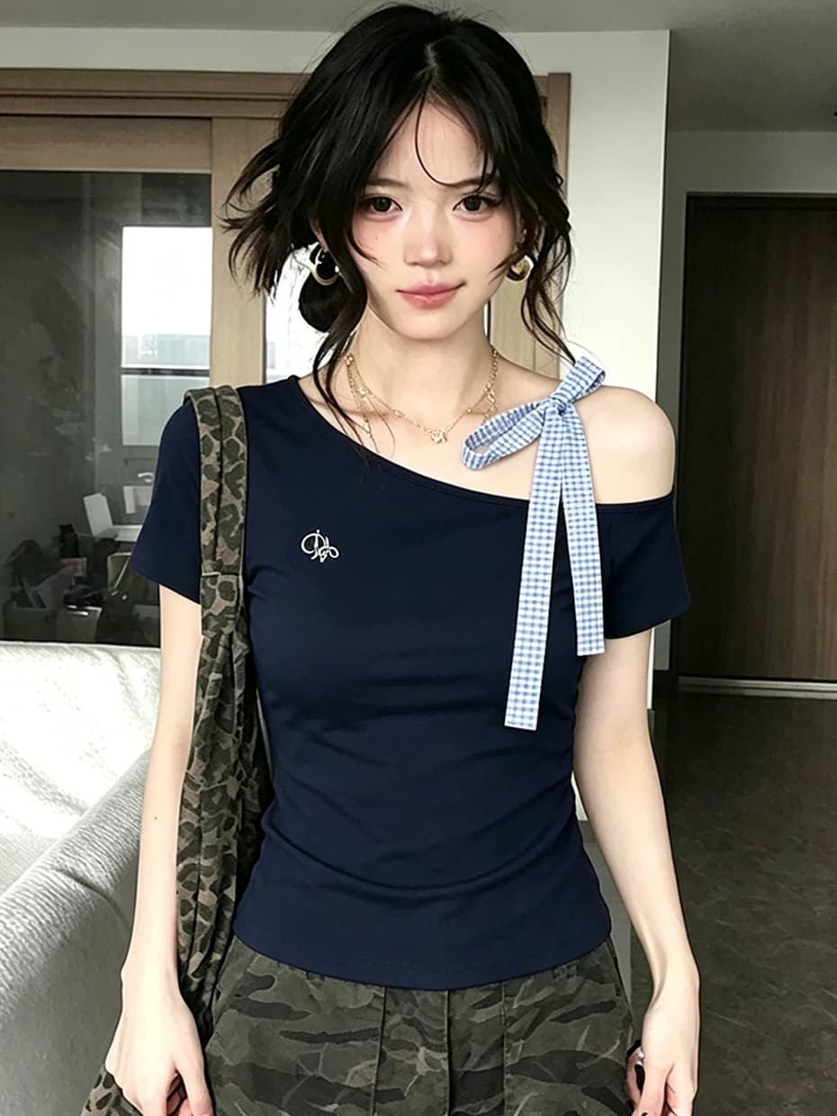 Sexy Shoulder Bared Short Sleeve T Shirt Women's Summer Unique Waist Cinching Beautiful Short Length Diagonal Shoulder Top