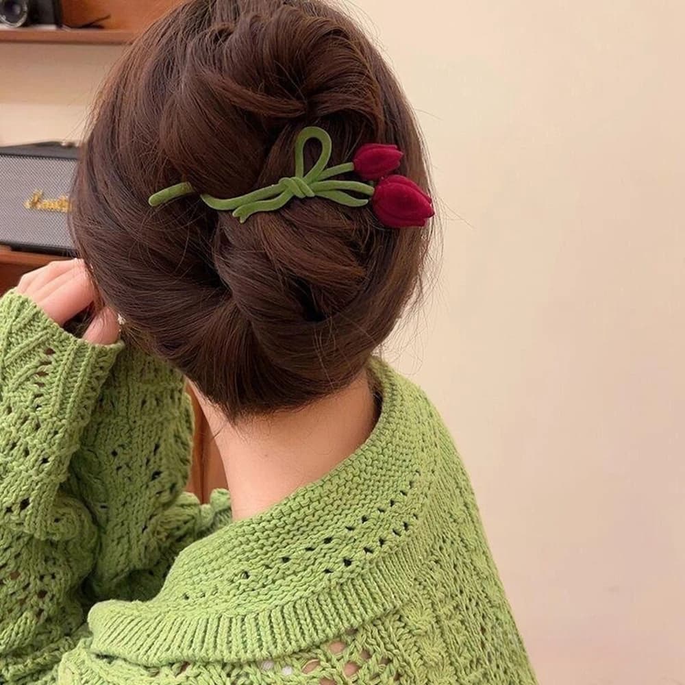 Double Prong Claw Clip Velvet Tulip Shaped Fabric Flowers Bow Decoration Spring Hair Accessory For Women Girls Daily Party Use