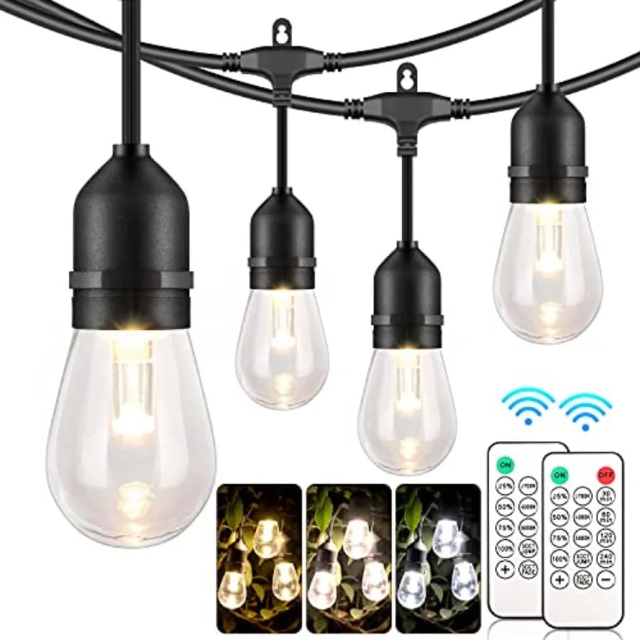 Luci a stringa LED da esterno dimmerabili a 3 colori per patio con telecomando, da collegare alla presa, 14,6 m, impermeabili, infrangibili, con lampadine Edison