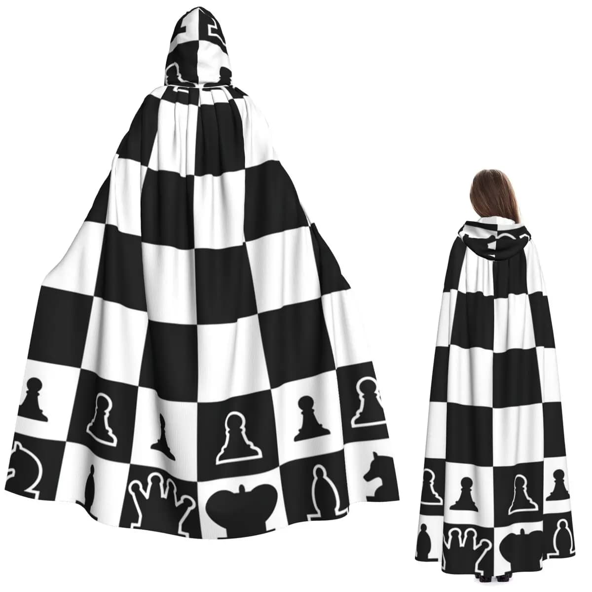 Chess Board Black And White Grid Checkered Long Hooded Cloak Witch Medieval Costume Cosplay Cape HalloweenVampire Adult Unisex