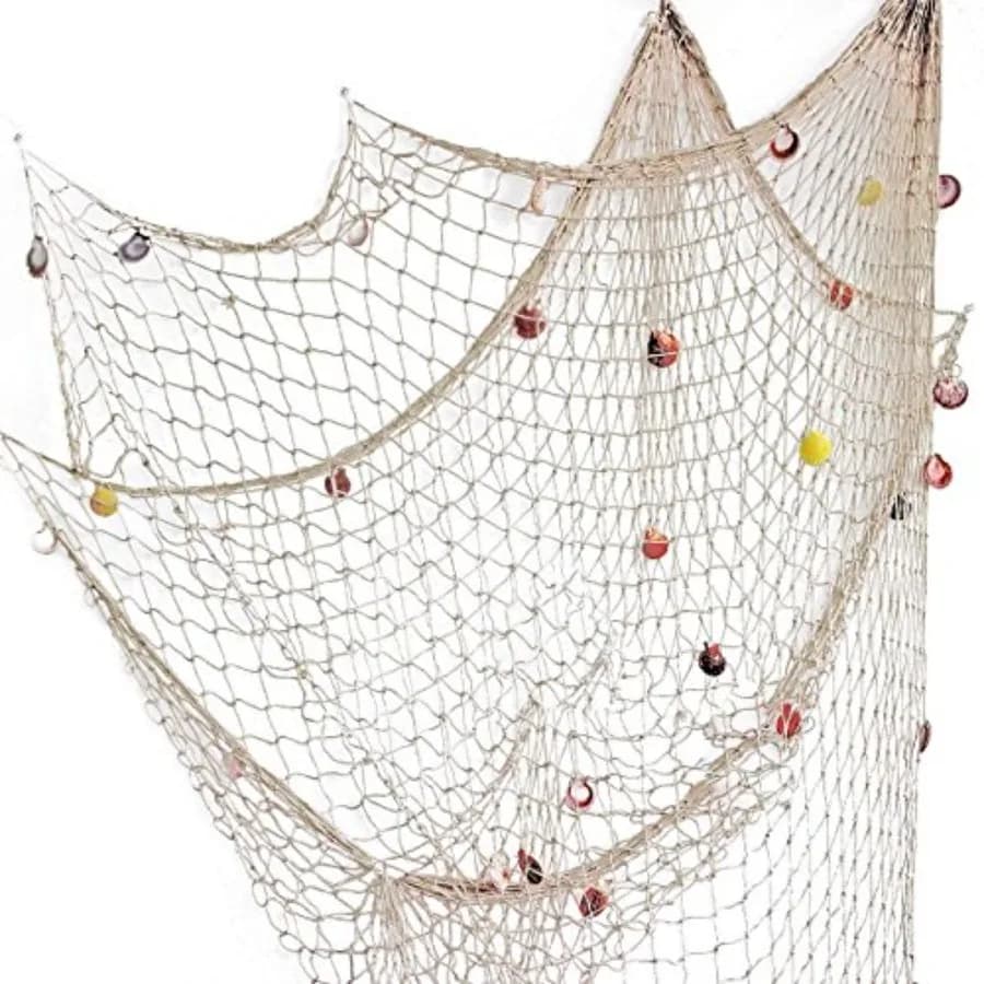 Nature Fish Net Wall Decoration with Shells, Ocean Themed Wall Hangings Fishing Net Party Decor for Pirate Party, Wedding, Phot