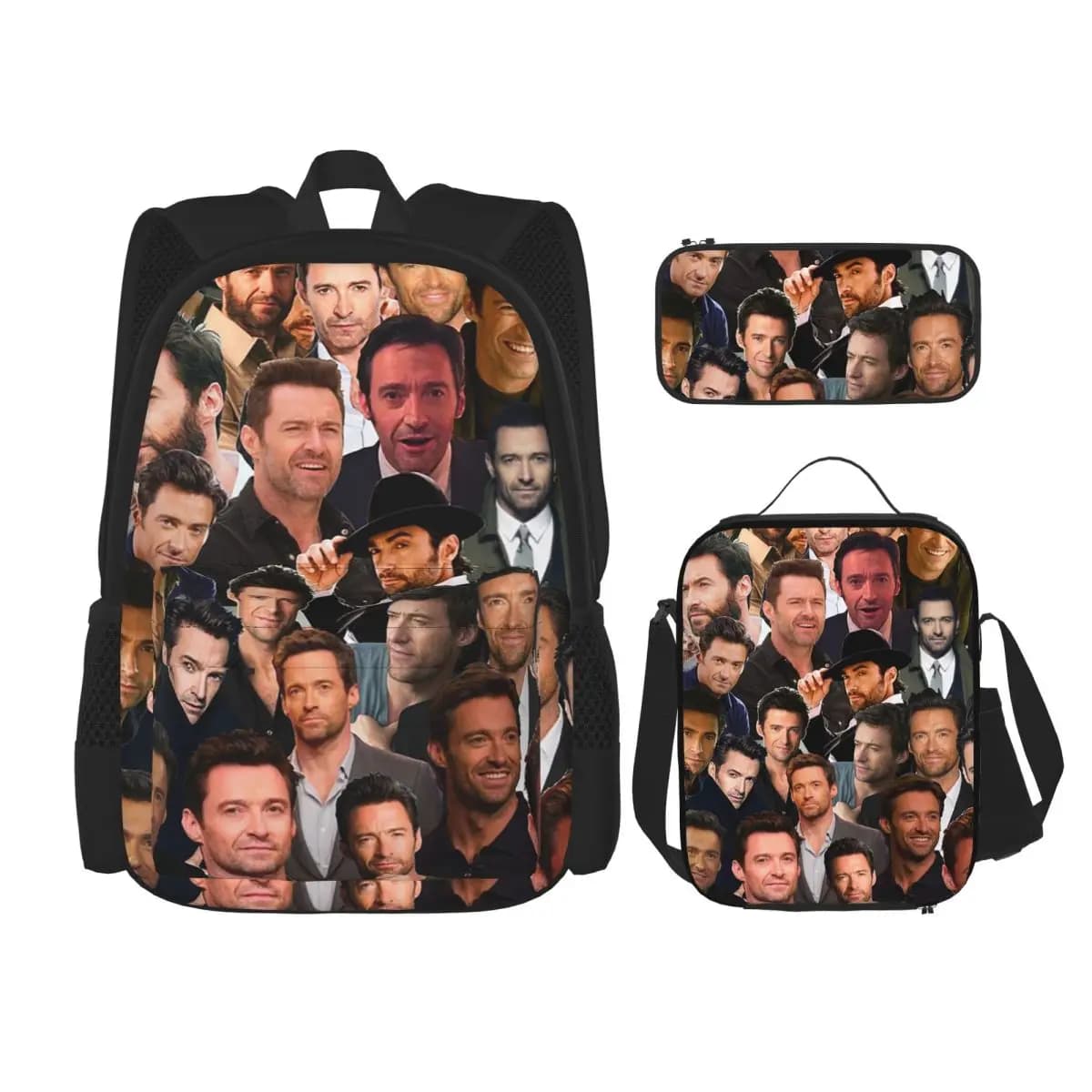 Zaini con collage di foto di Hugh Jackman, zaini per ragazzi e ragazze, borse da scuola, borsa per il pranzo, borsa per penne, set da tre pezzi
