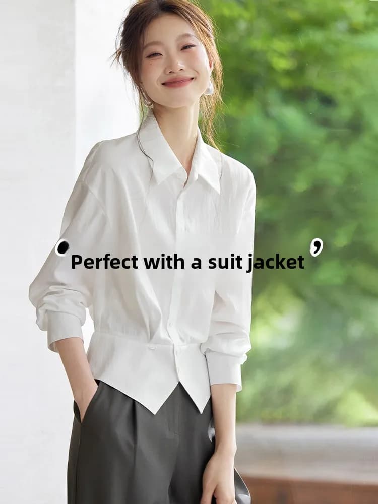 White Belted Commuter Workplace Shirt Women's Spring Autumn Versatile Short Top Layering Coat Inner Wear Base Shirt Winter