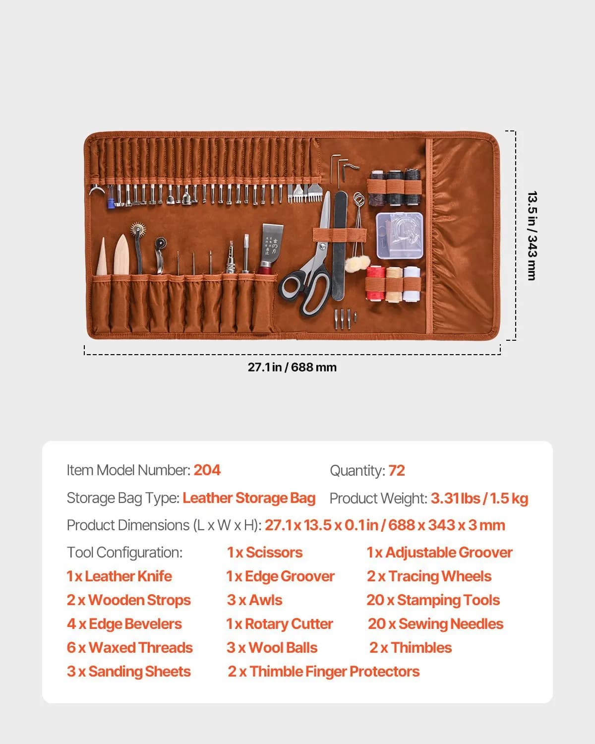 Kit di Strumenti per Lavorazione del Cuoio, 72 Pezzi con Borsa Portatile, Set per Incisione, Punzonatura, Cucitura e Stampaggio