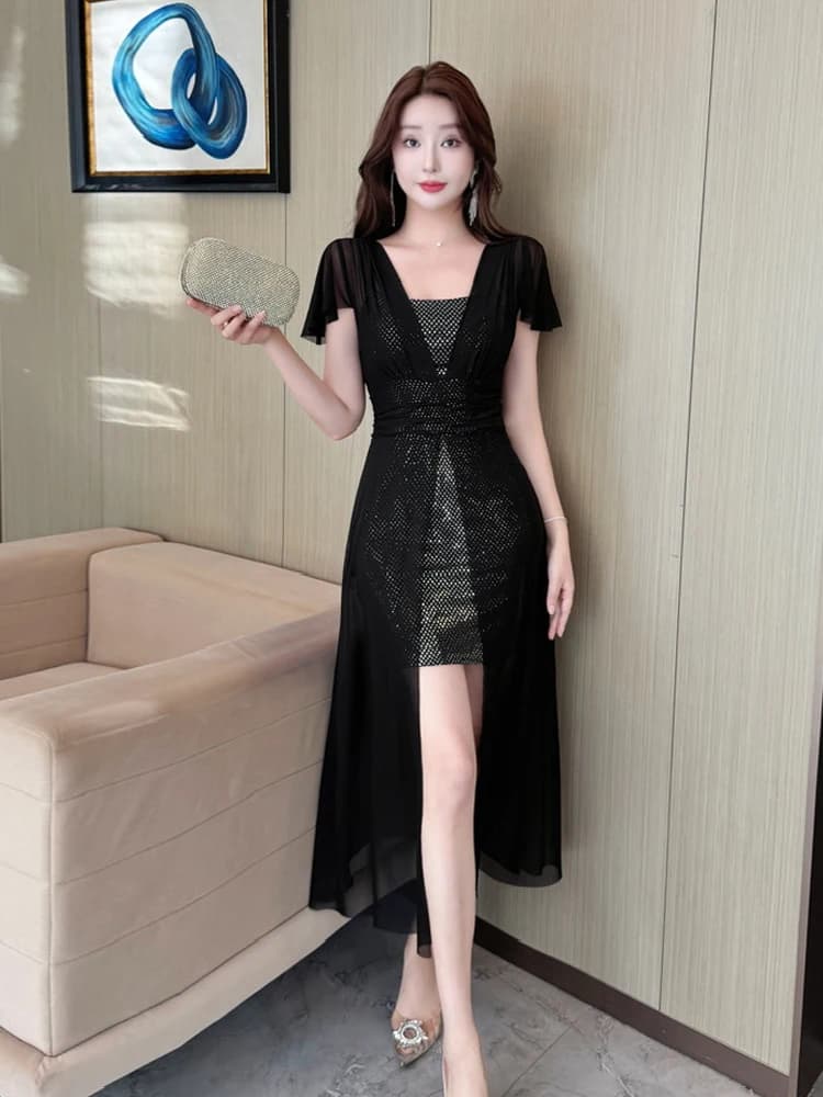 Fashionable Sexy Square Collar Mesh Color Block Uneven Hem Dress High Waist Short Sleeve Pleated Slimming Bodycon Skirt