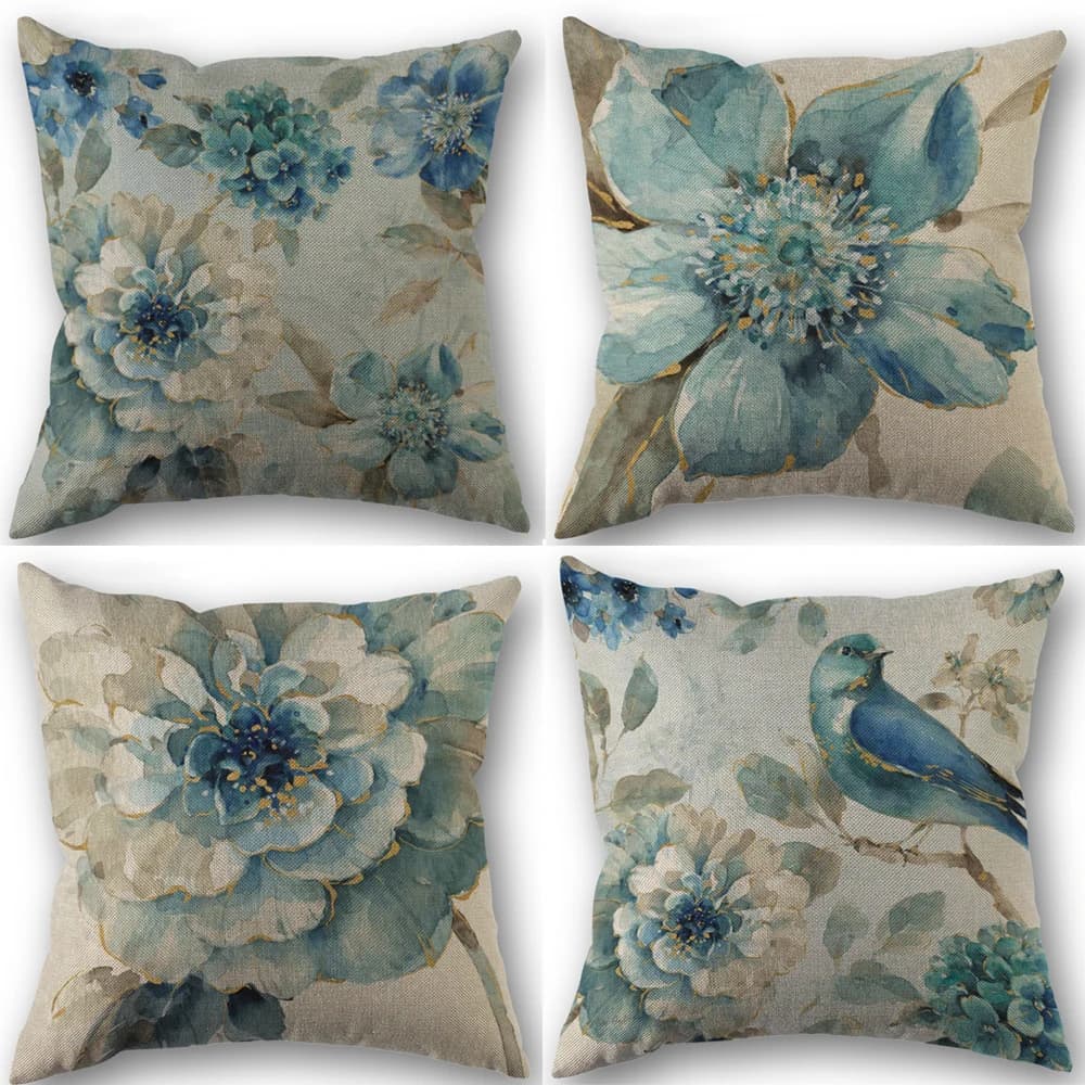 Fodera per cuscino fiore acquerello Indigold cuscino floreale uccello blu 45x45cm federa in lino decorazione fodera per cuscino salone