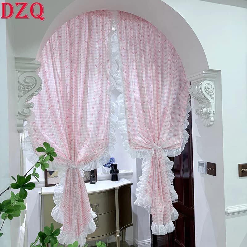 Fabric Curtains with Pink Bow Pattern in Japanese Style Idyllic for Living Room, Curly Curtains for Kitchen # A661