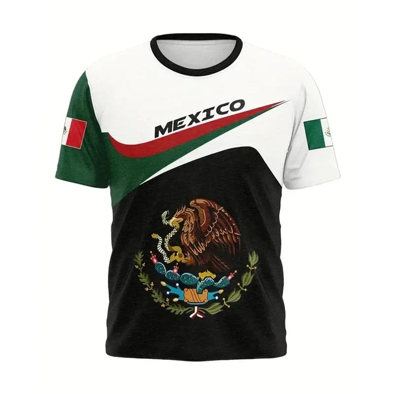 T-shirt da uomo con stampa bandiera nazionale messicana, motivo aquila e stemma nazionale messicano, oversize, casual, girocollo, top estivo da strada