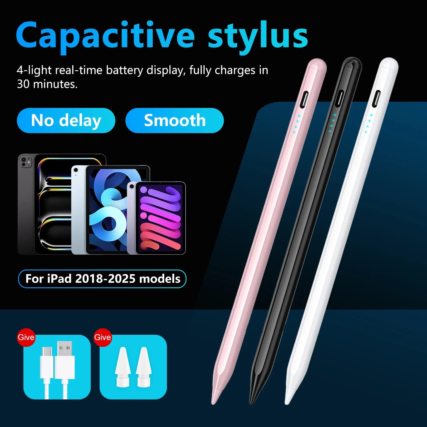 Latest stylus for iPad 2018-2025. Fast charging, palm rejection & tilt sensitivity. Compatible with iPad 10/9/8/7/6, iPad Pro 12