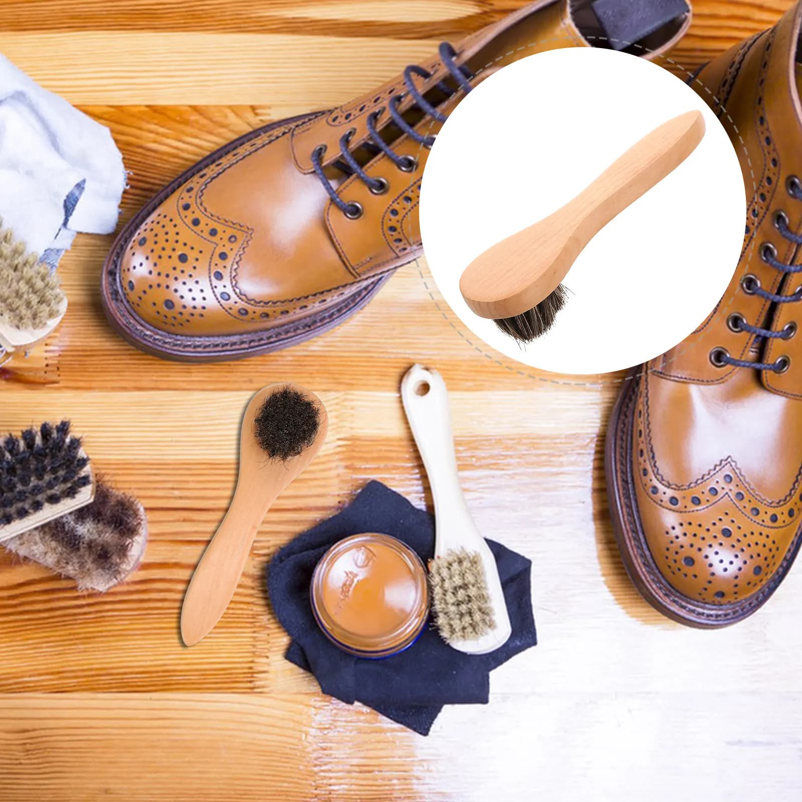 Horse Hair Shoe Brush Thick Strong Bristles Wood Handle Shoe Polishing Tool Efficient Cleaner for Imitation
